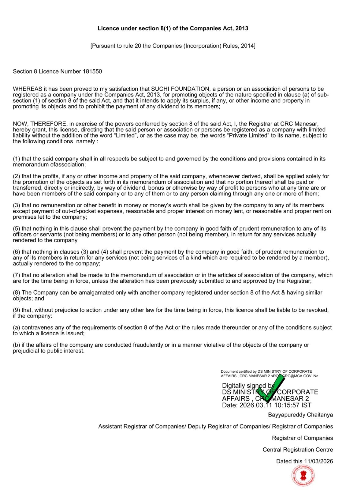 Section 8 Certificate